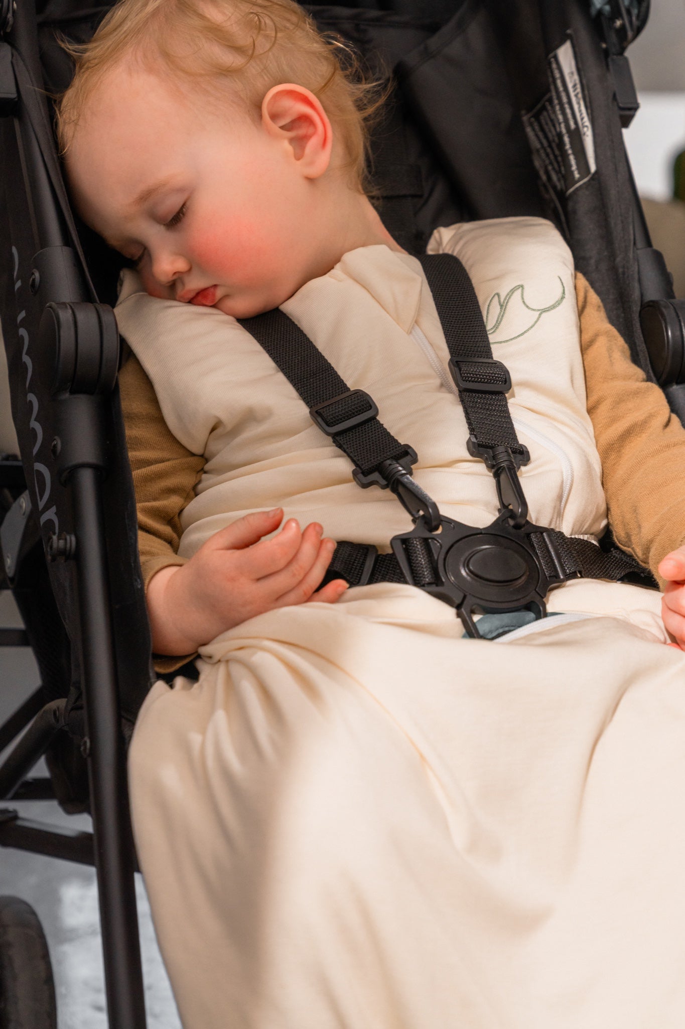 Baby napping in a stroller wearing the Morpheïa sleep sack